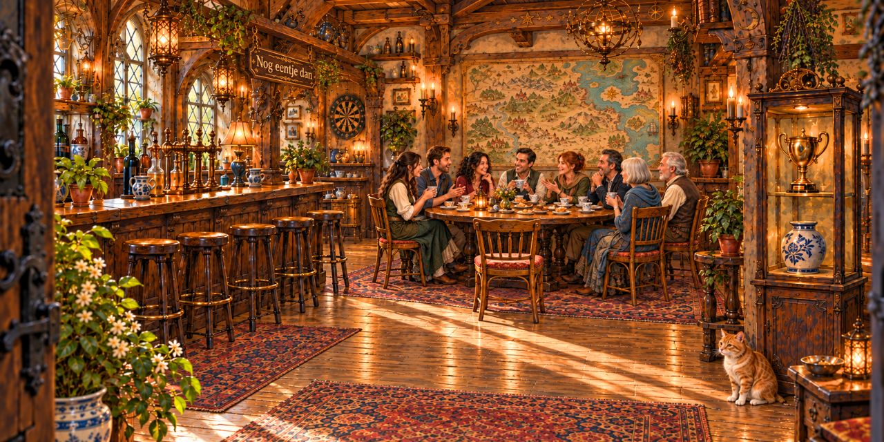 Een warm, magisch café met acht mensen rond een tafel en één lege stoel. Aan de muur een landkaart; in een vitrinekast een trofee en een oude Keulse pot. Een rode kat kijkt toe.